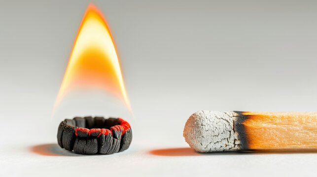 Creative Still Life of a Burning Matchstick and a Blackened Ring on Light Background