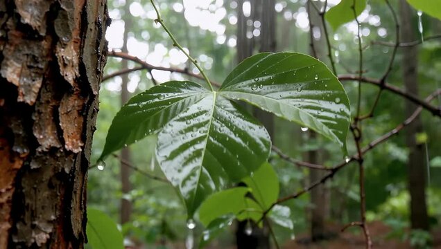 Close up of wet green leaf with raindrops in forest shallow depth of field texture
