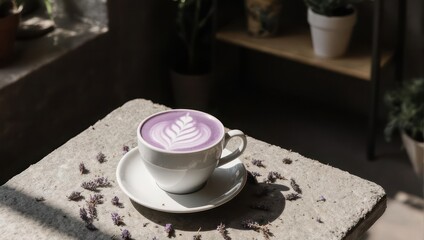 Artistic purple latte with leaf design on a stone surface.