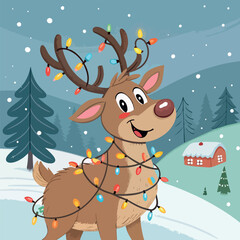 Merry Christmas holiday vector cartoon illustration of Santa Claus and reindeer in winter snow