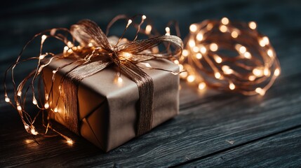 Beautifully wrapped gift box with warm lights on wooden surface for festive celebration