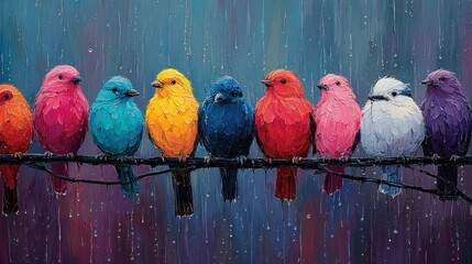 Colorful birds on a wire in the rain