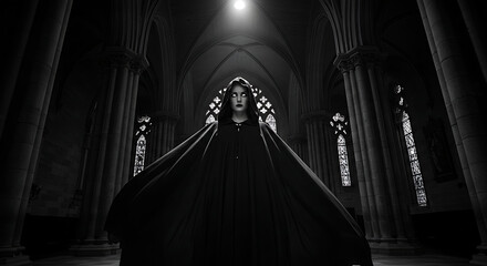 Eerie woman in hooded cloak in cathedral