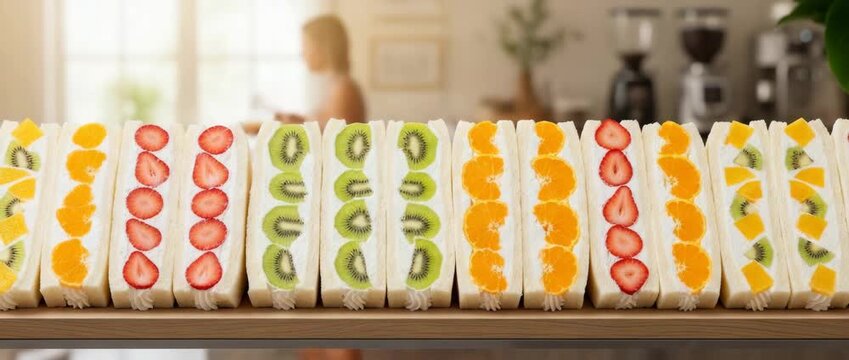 A display of colorful fruit sandwiches arranged neatly. Each sandwich features slices of strawberries, kiwis, and oranges, with whipped cream in a clean cut. Perfect for a cafe aesthetic.