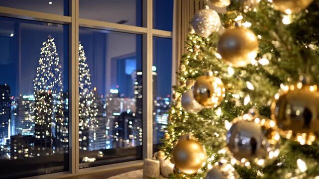 Sparkling Christmas Tree Ornaments with Blurred City Skyline Lights in Background.