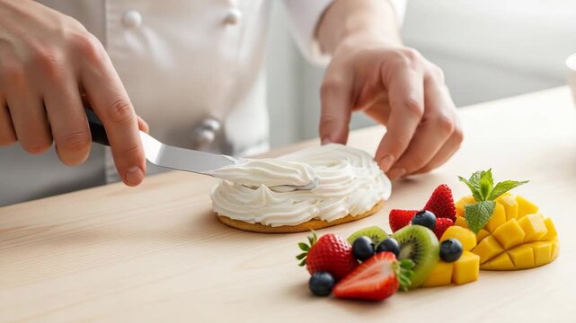 A person prepares a fruit sando with whipped cream and fresh fruit slices. The scene features clean-cut pastel colors, emphasizing a cafe aesthetic.