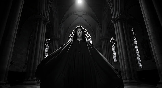Eerie woman in hooded cloak in cathedral
