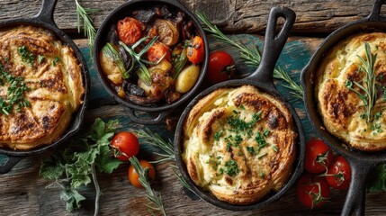 Cozy kitchen indulge in rustic farm-to-table individual pot pies in cast iron skillets