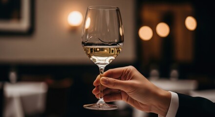 Female hand holding a glass of white wine at a fine dining restaurant. Sommelier swirling chardonnay for a tasting event. Sophisticated lifestyle and luxury celebration concept