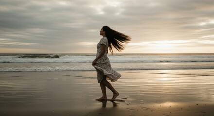 Fototapeta premium Woman in a flowing dress walking on a beach at dusk. Concept of freedom and mental wellness. Serene coastal escape for mindful travel. Solitude and contemplation in nature with golden light