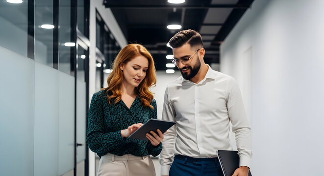 Two business professionals walking in a modern office hallway, collaborating and discussing work using a digital tablet.