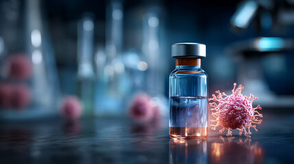 Targeted personalized medicine injection on cancer cell model faceless laboratory visualization defocused lab background immunotherapy and CAR T cell treatment innovative