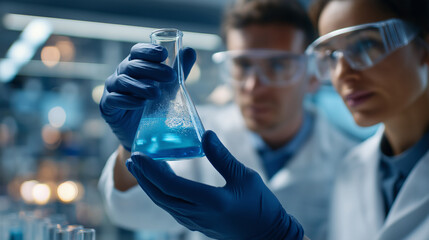 Faceless two researchers in advanced scientific lab analyzing chemicals defocused laboratory background discussing findings in flask medical research and biotechnology molecula