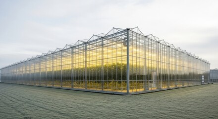 Fototapeta premium Large industrial greenhouse with a glass facade. Modern agribusiness and commercial horticulture. Sustainable food production with artificial lighting. Year round plant cultivation concept