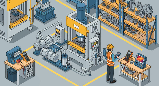 Isometric illustration of factory worker inspecting machinery with digital tablet in manufacturing plant for industrial automation and quality control