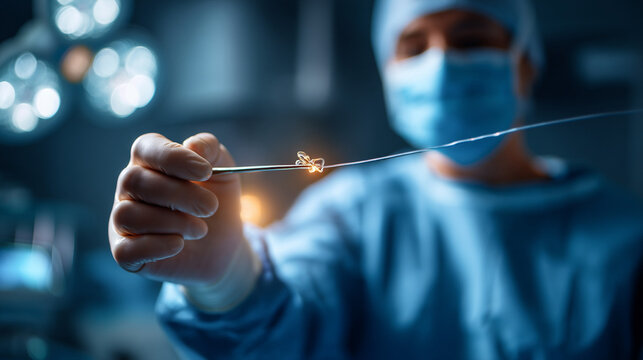 Faceless interventional radiology surgeon performing catheter treatment defocused X ray visualization background minimally invasive procedure medical intervention in progress