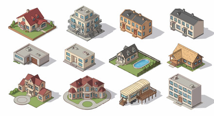 Fototapeta premium Diverse vector isometric building collection. Property assets and neighborhood scene for city planning design.