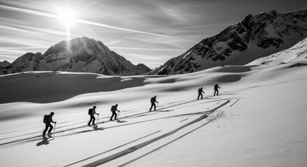 Team of mountaineers on a ski touring expedition in the alps. Leadership and teamwork concept for business success. Dramatic black and white winter sports adventure. Journey to the summit