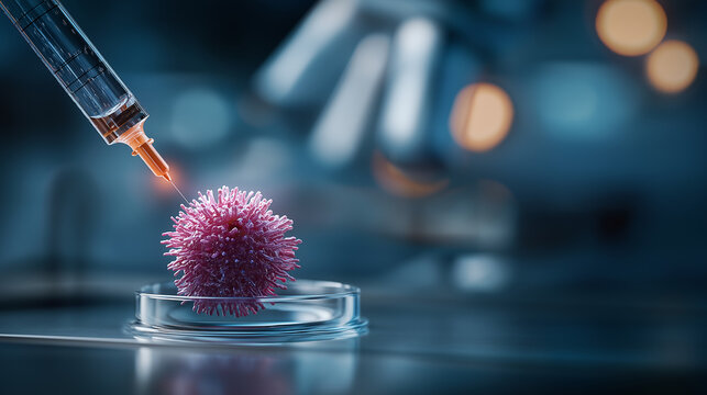 Targeted personalized medicine injection on cancer cell model faceless laboratory visualization defocused lab background immunotherapy and CAR T cell treatment innovative