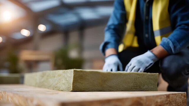 Close-up of hands installing mineral wool insulation layer, emotion of craftsmanship and dedication visible, symbolizing sustainable building materials, heat retention, and acoustic comfort in