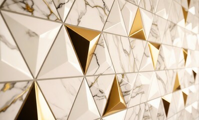 White Marble Gold 3D Triangular Wall. Elegant Luxury Wallpaper.