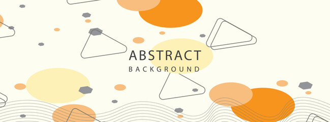 Minimalist abstract design with light cream background featuring layered orange-yellow circles, gray geometric shapes, dotted and striped patterns. presentation, eps10