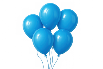 Blue helium balloons floating in a bunch, celebrating special occasion or event with party decoration and transparent background
