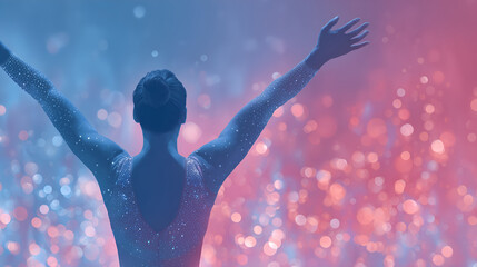 Triumphant gymnast celebrates victory with arms raised against a mesmerizing bokeh background, radiating success, determination, and graceful artistry