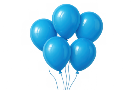 Blue helium balloons floating in a bunch, celebrating special occasion or event with party decoration and transparent background