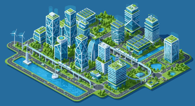 Vector Isometric Green Cityscape with Modern Architecture, Sustainable Design and Eco-Friendly Transportation