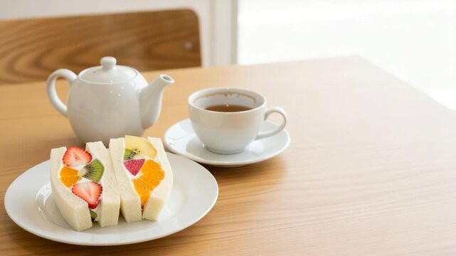 A plate of fruit sando featuring slices of strawberry and orange, accompanied by a teapot and cup of tea on a wooden table. The setting has a clean, pastel aesthetic.
