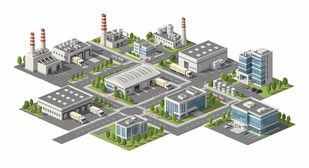 Vector Isometric Industrial Zone: Modern Factories, Warehouses, & Corporate Buildings for Logistics, Production, and Supply Chain Concepts