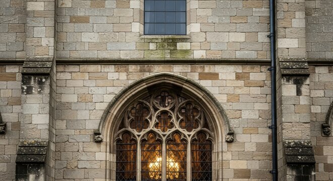 Historic cathedral facade with intricate Gothic architecture. Detailed stone tracery on an arched window. Warm interior light glowing through ancient glass