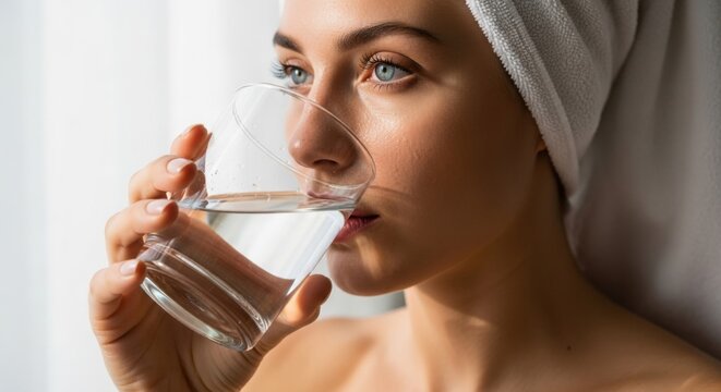 Young Caucasian woman with a towel on her head drinking pure water. Daily hydration for health and wellness. Natural beauty skincare routine for body detoxification