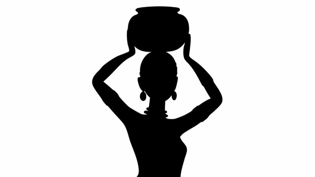 Elegant silhouette woman carries water pot on head in traditional style, embodying strength and heritage