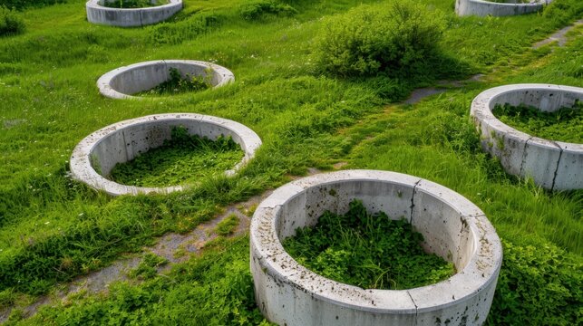 Abandoned Concrete Circles Surrounded by Lush Green Grass in a Distinctive Landscape Setting - Powered by Adobe
