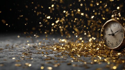 Golden confetti falling around a vintage clock marking a special celebration moment at midnight