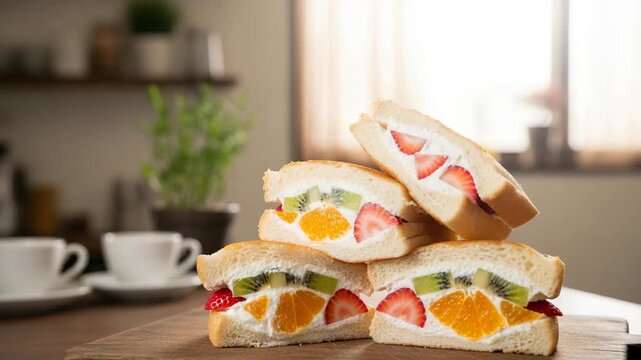 A stack of fruit sando sandwiches with whipped cream, featuring slices of strawberry and orange. The setting has a clean, pastel aesthetic with coffee cups in the background.