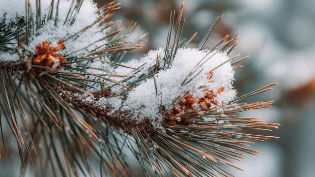 A detailed macro shot of a snow covered pine branch showcases the delicate structure of the needles and the purity of winter snow. The image evokes a peaceful, chilly winter mood in nature