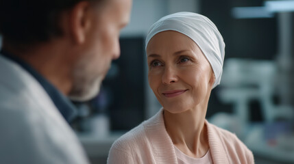 Faceless senior woman with cancer visiting oncologist defocused clinic examination room background medical consultation moment elderly patient care professional oncology