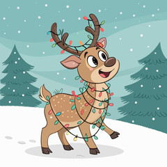 santa claus with reindeer in winter christmas scene