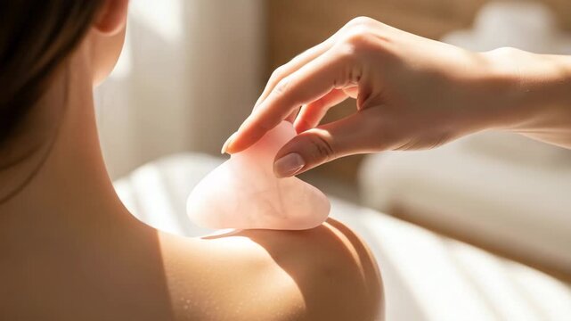 A close-up of a hand using a pink gua sha stone on a woman's shoulder. The setting is bright and serene, ideal for self-care and wellness routines.