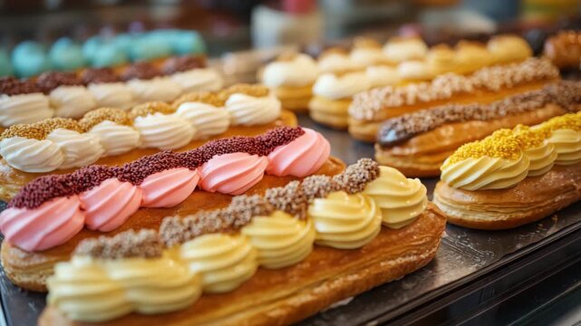 Delicious eclairs decorated with vibrant cream swirls and toppings like chocolate and sugar sprinkles. Freshly baked pastries arranged on a metal tray. Tempting and sweet display.