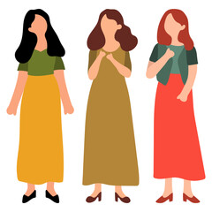 Three Women in Dresses Standing and Talking Illustration