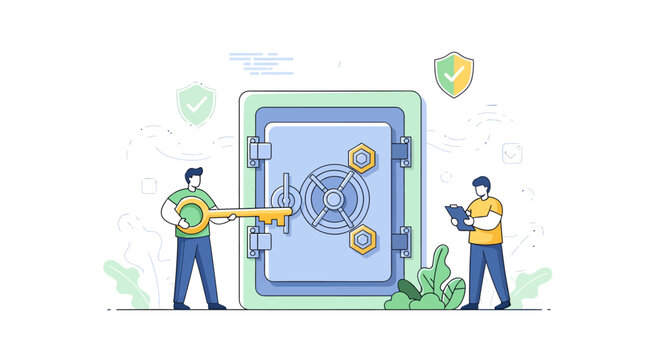 Illustration of two people, one holding a key and the other a tablet, near a secure vault.