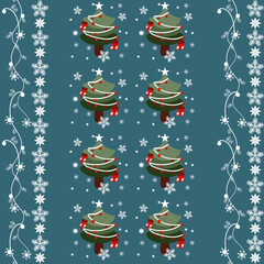 Vector cartoon illustration of a merry Christmas tree holiday decoration background with seamless pattern snowflakes and new year greeting card design, card, picture books.design Xmas wallpapers