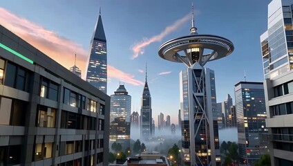 Futuristic urban skyline with observation tower elevated walkway and morning fog - Powered by Adobe