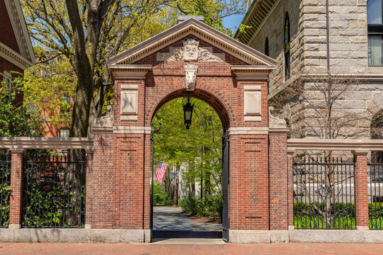 Cambridge, MA, USA - May 1, 2025: Entrance gate to the campus of this private Ivy League research university.