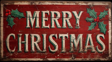 Fototapeta premium A rustic, vintage-style wooden sign with the text MERRY CHRISTMAS prominently displayed in a distressed