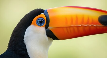 Extreme close up of a Toco Toucan with a vibrant orange beak. Detailed macro of exotic avian features and bright blue eye. Wildlife conservation and biodiversity concept
